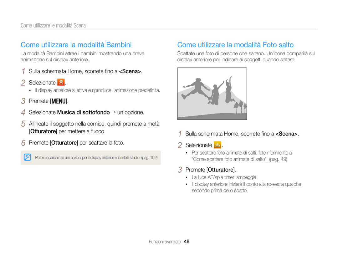 Samsung EC-DV300FDDBME Come utilizzare la modalità Bambini, Come utilizzare la modalità Foto salto, Premete Otturatore 