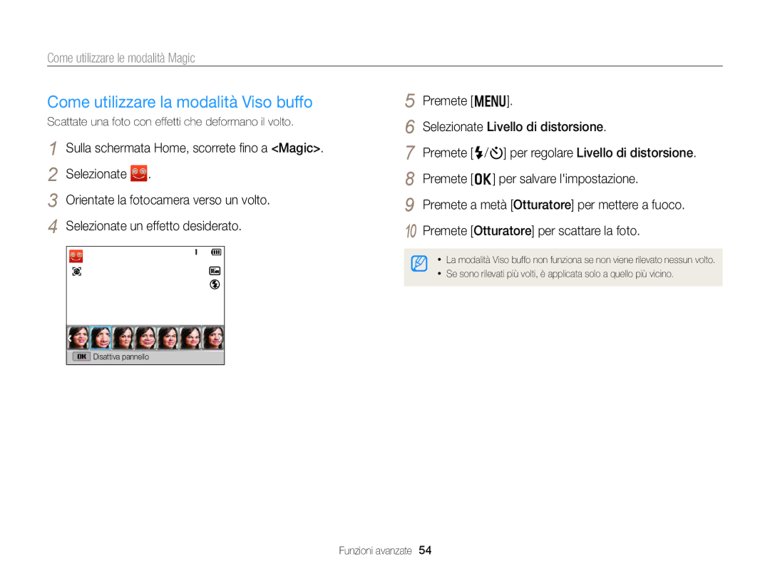Samsung EC-DV300FBPBE1, EC-DV300FBPUE1 manual Come utilizzare la modalità Viso buffo, Come utilizzare le modalità Magic 