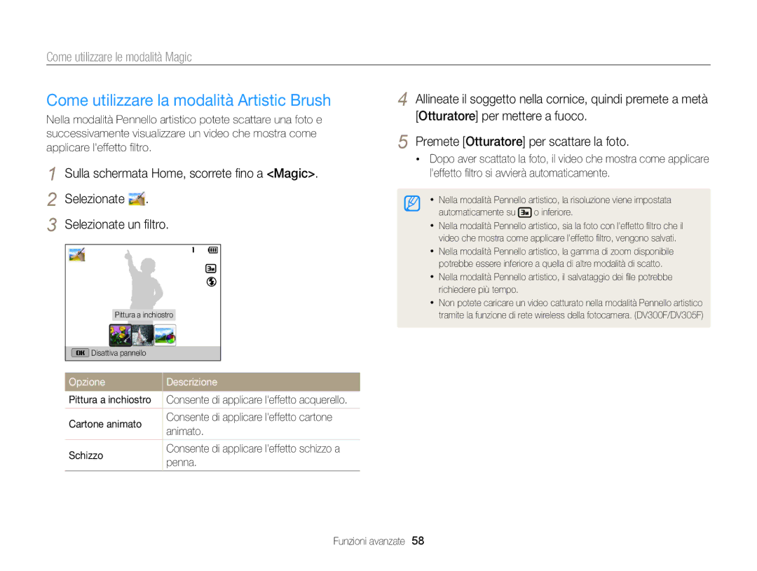 Samsung EC-DV300FDDBME manual Come utilizzare la modalità Artistic Brush, OpzioneDescrizione, Cartone animato, Penna 