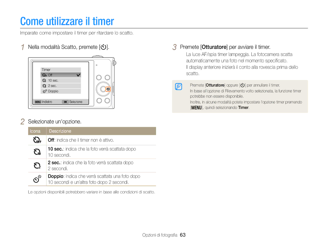 Samsung EC-DV300FDDBME Come utilizzare il timer, Nella modalità Scatto, premete t, Premete Otturatore per avviare il timer 