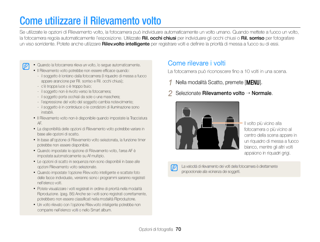 Samsung EC-DV300FBPUE1, EC-DV300FBPBE1, EC-DV300FDDUME manual Come utilizzare il Rilevamento volto, Come rilevare i volti 