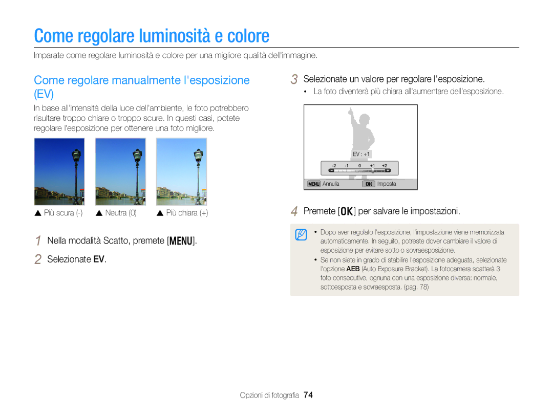 Samsung EC-DV300FBPBE1 Come regolare luminosità e colore, Come regolare manualmente lesposizione EV, Neutra 