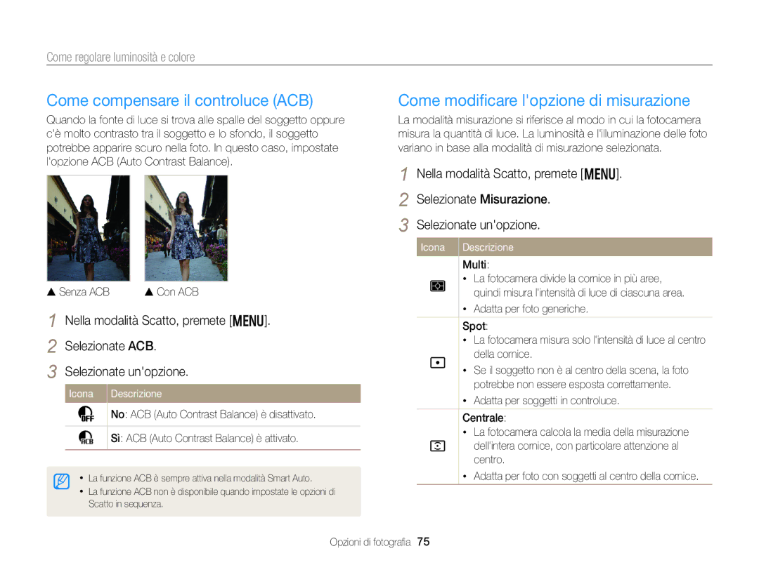 Samsung EC-DV300FBPUE1, EC-DV300FBPBE1, EC-DV300FDDUME Come compensare il controluce ACB, Come regolare luminosità e colore 