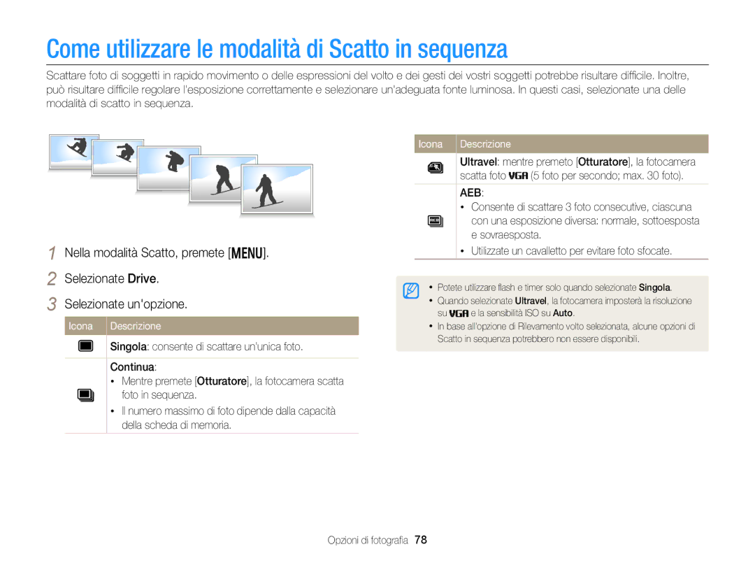 Samsung EC-DV300FDDBME, EC-DV300FBPBE1, EC-DV300FBPUE1 manual Come utilizzare le modalità di Scatto in sequenza, Aeb 