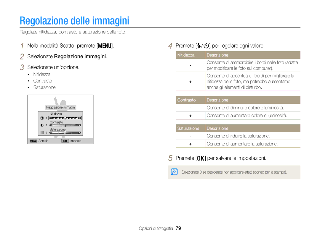 Samsung EC-DV300FBPBE1 Regolazione delle immagini, Premete F/t per regolare ogni valore, Nitidezza Contrasto Saturazione 