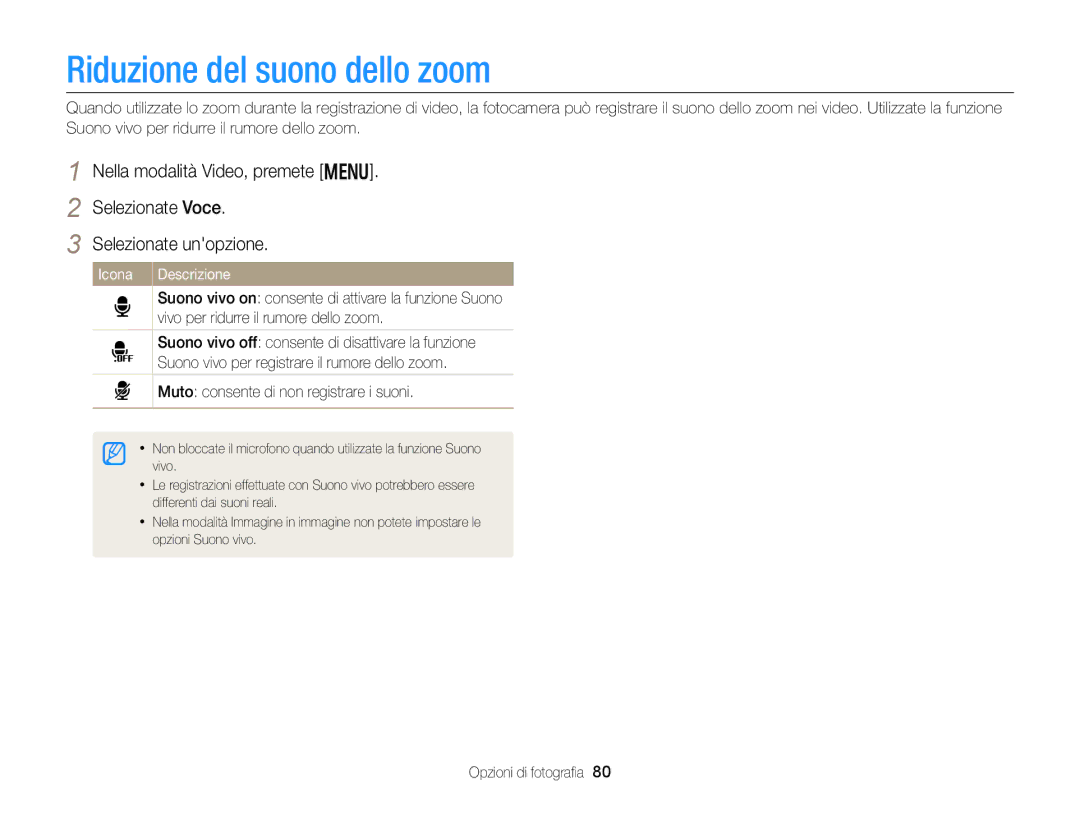 Samsung EC-DV300FBPUE1, EC-DV300FBPBE1, EC-DV300FDDUME, EC-DV300FDDRME, EC-DV300FDDBME manual Riduzione del suono dello zoom 