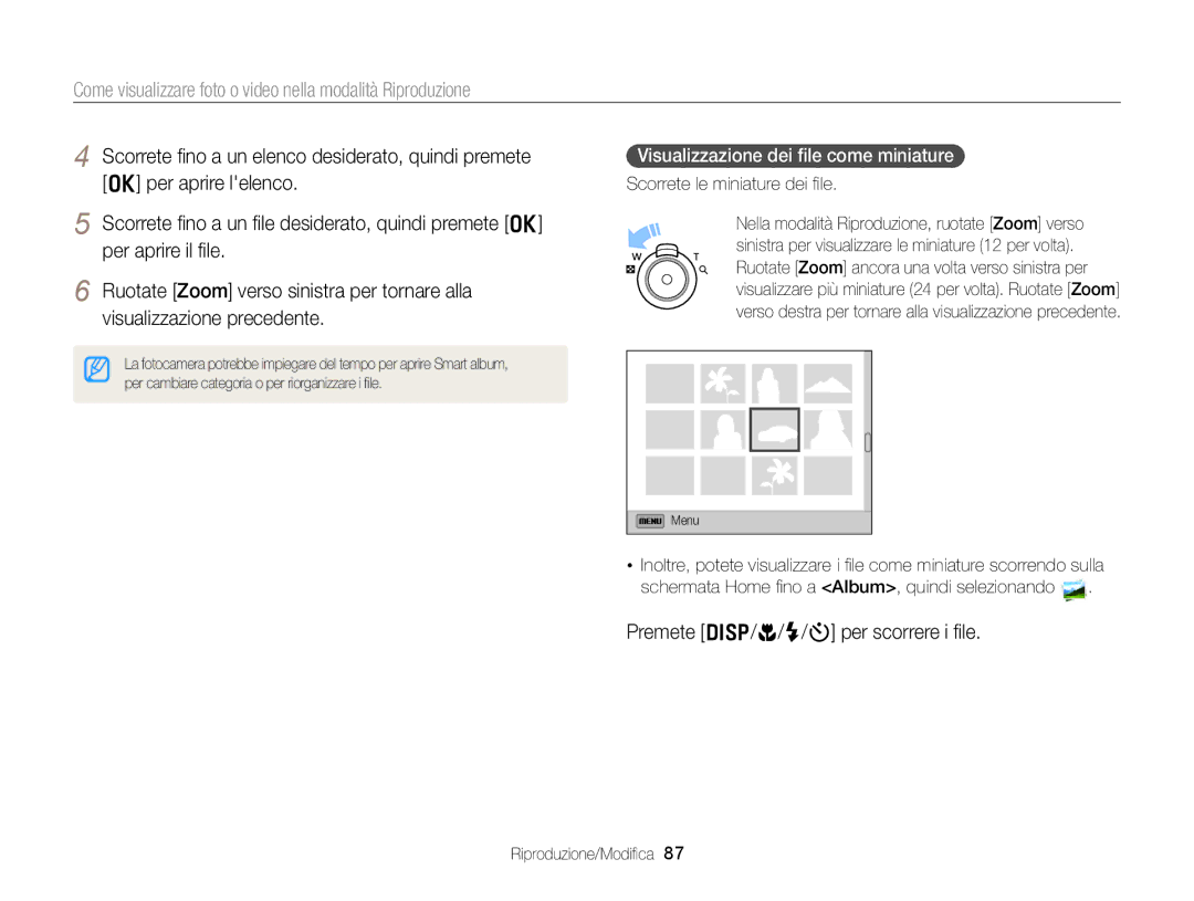 Samsung EC-DV300FDDRME, EC-DV300FBPBE1 manual Premete D/c/F/t per scorrere i ﬁle, Visualizzazione dei ﬁle come miniature 