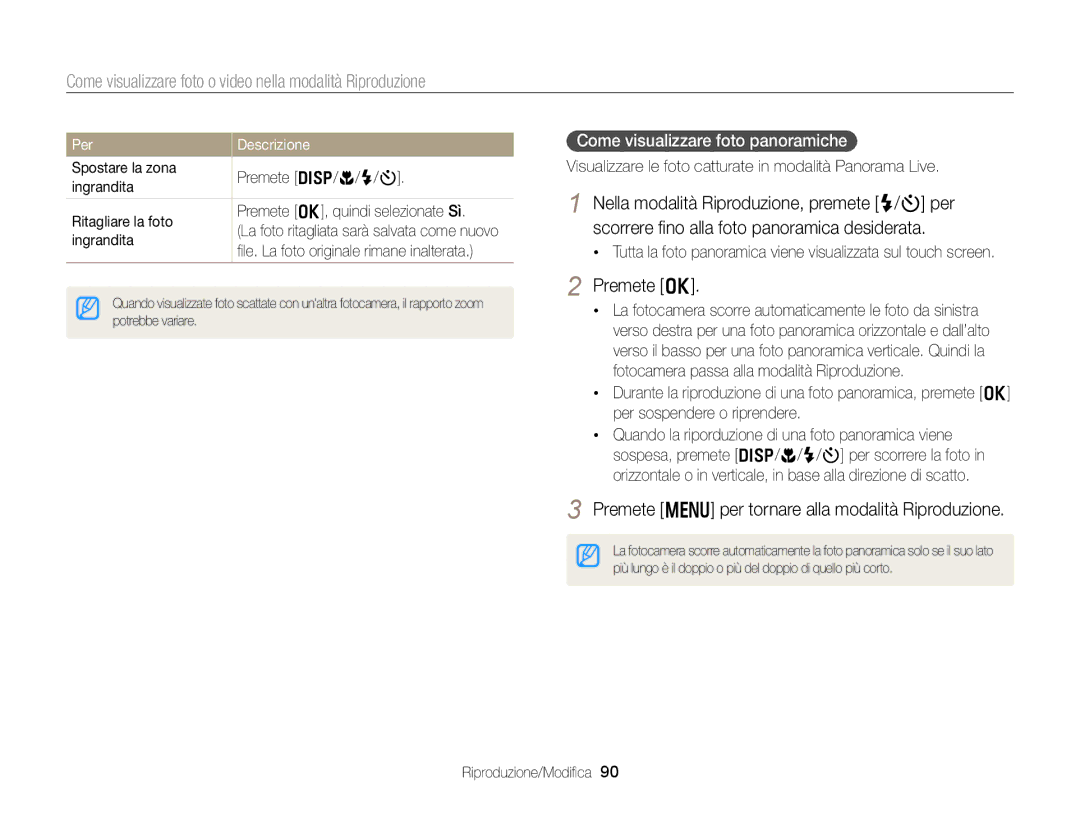 Samsung EC-DV300FBPUE1 manual Premete m per tornare alla modalità Riproduzione, Come visualizzare foto panoramiche 