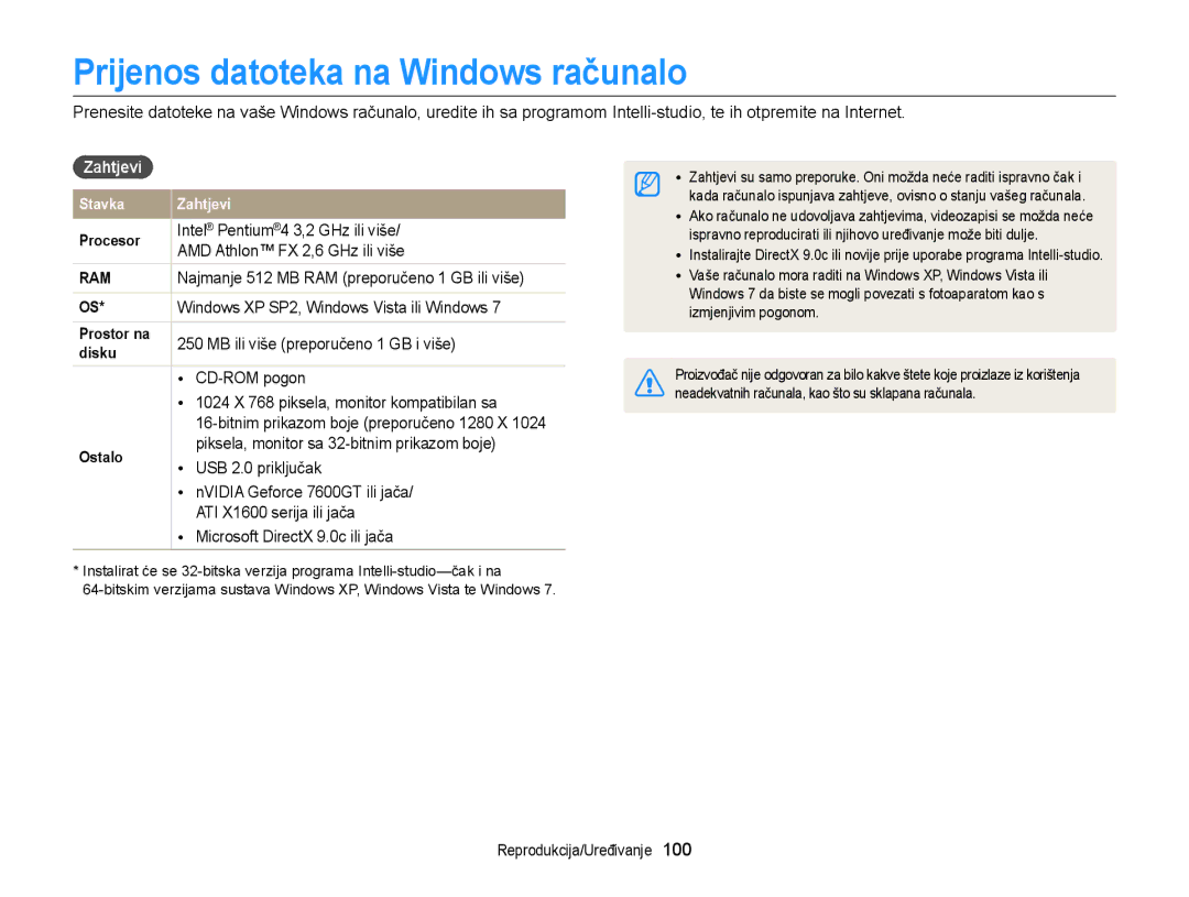 Samsung EC-DV300FBPSE3, EC-DV300FBPBE3, EC-DV300FBPRE3 manual Prijenos datoteka na Windows računalo, Zahtjevi 