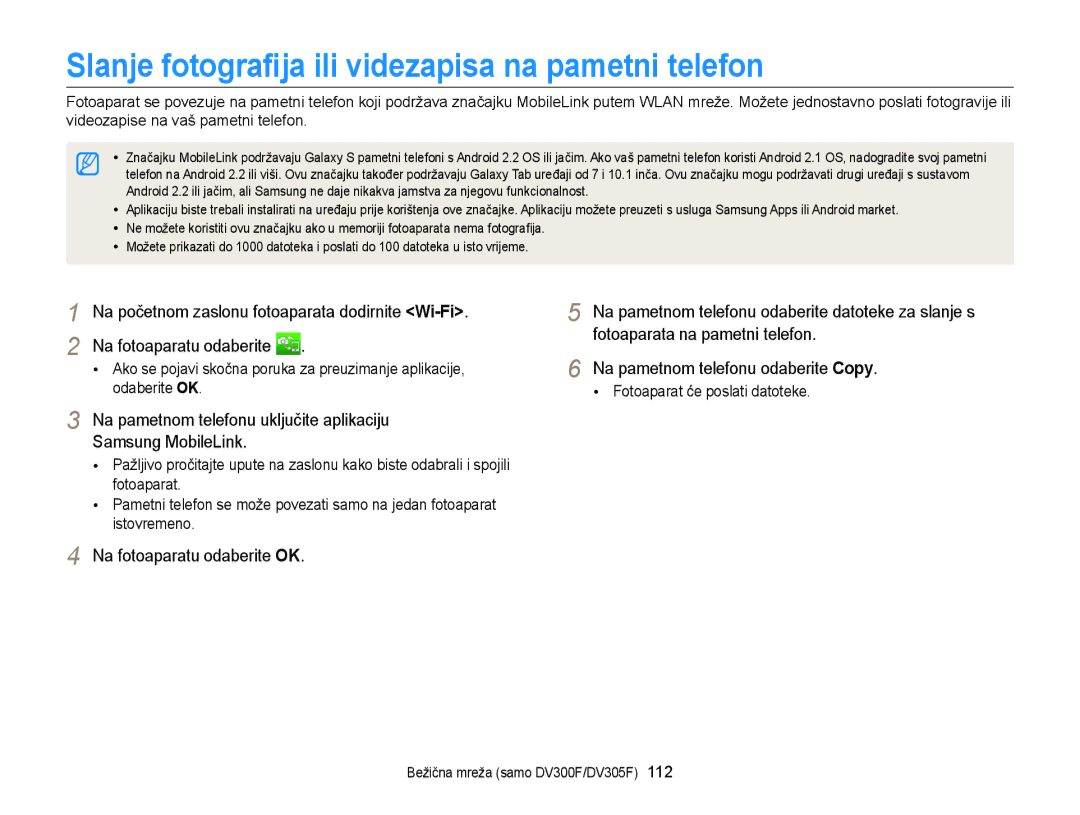 Samsung EC-DV300FBPSE3, EC-DV300FBPBE3 Slanje fotograﬁja ili videzapisa na pametni telefon, Fotoaparat će poslati datoteke 