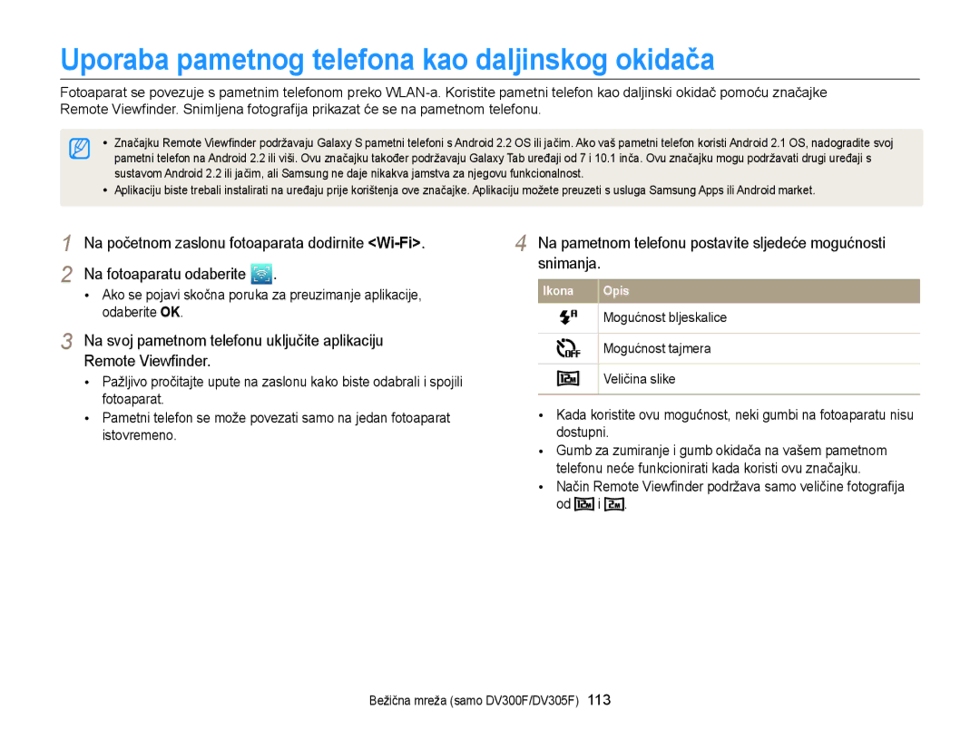 Samsung EC-DV300FBPBE3, EC-DV300FBPRE3, EC-DV300FBPSE3 manual Uporaba pametnog telefona kao daljinskog okidača 