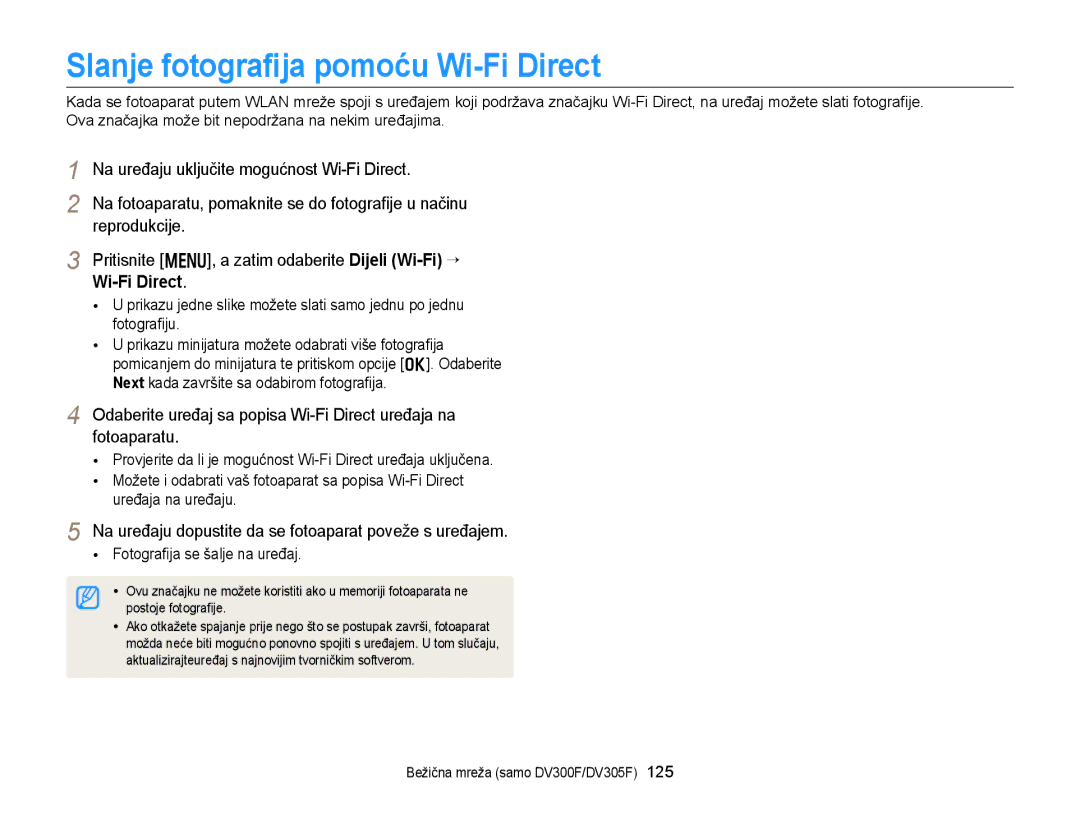 Samsung EC-DV300FBPBE3 Slanje fotograﬁja pomoću Wi-Fi Direct, Pritisnite m, a zatim odaberite Dijeli Wi-Fi “ Wi-Fi Direct 