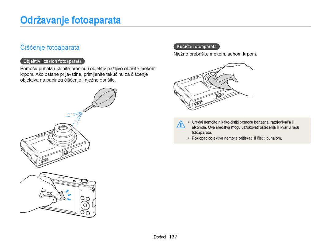 Samsung EC-DV300FBPBE3 Održavanje fotoaparata, Čišćenje fotoaparata, Objektiv i zaslon fotoaparata, Kućište fotoaparata 