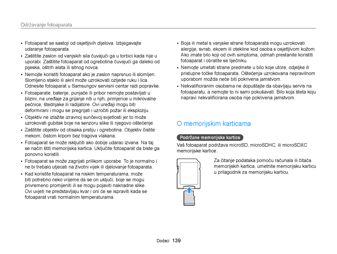 Samsung EC-DV300FBPSE3, EC-DV300FBPBE3, EC-DV300FBPRE3 manual Memorijskim karticama, Podržane memorijske kartice 