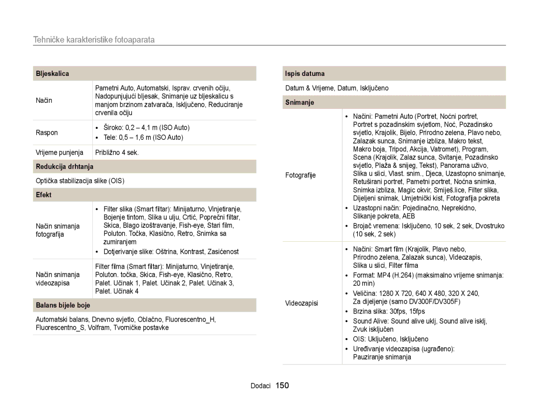 Samsung EC-DV300FBPRE3, EC-DV300FBPBE3, EC-DV300FBPSE3 manual Tehničke karakteristike fotoaparata 
