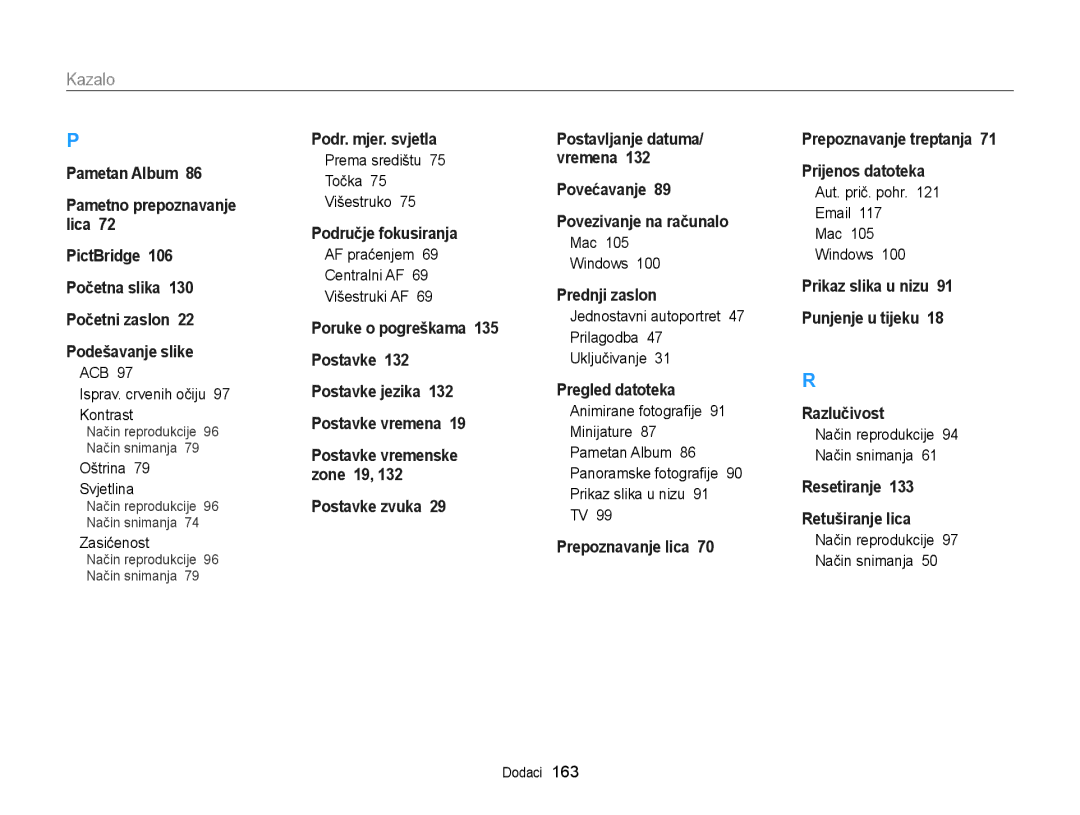 Samsung EC-DV300FBPSE3 manual ACB Isprav. crvenih očiju 97 Kontrast, Oštrina Svjetlina, Prema središtu Točka Višestruko 