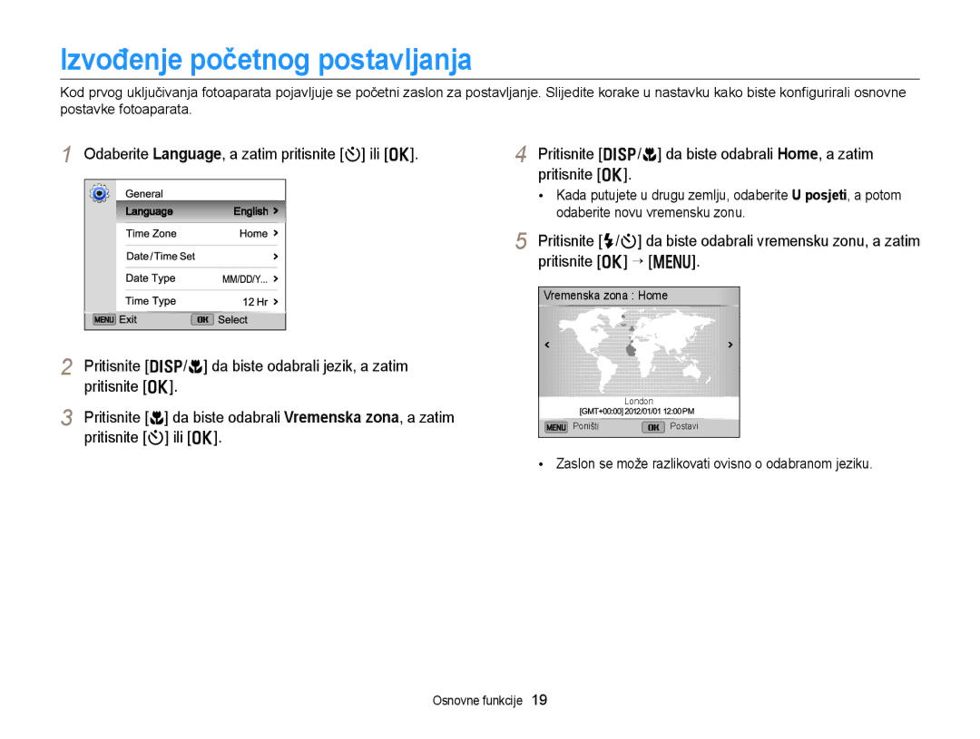 Samsung EC-DV300FBPSE3 manual Izvođenje početnog postavljanja, Zaslon se može razlikovati ovisno o odabranom jeziku 