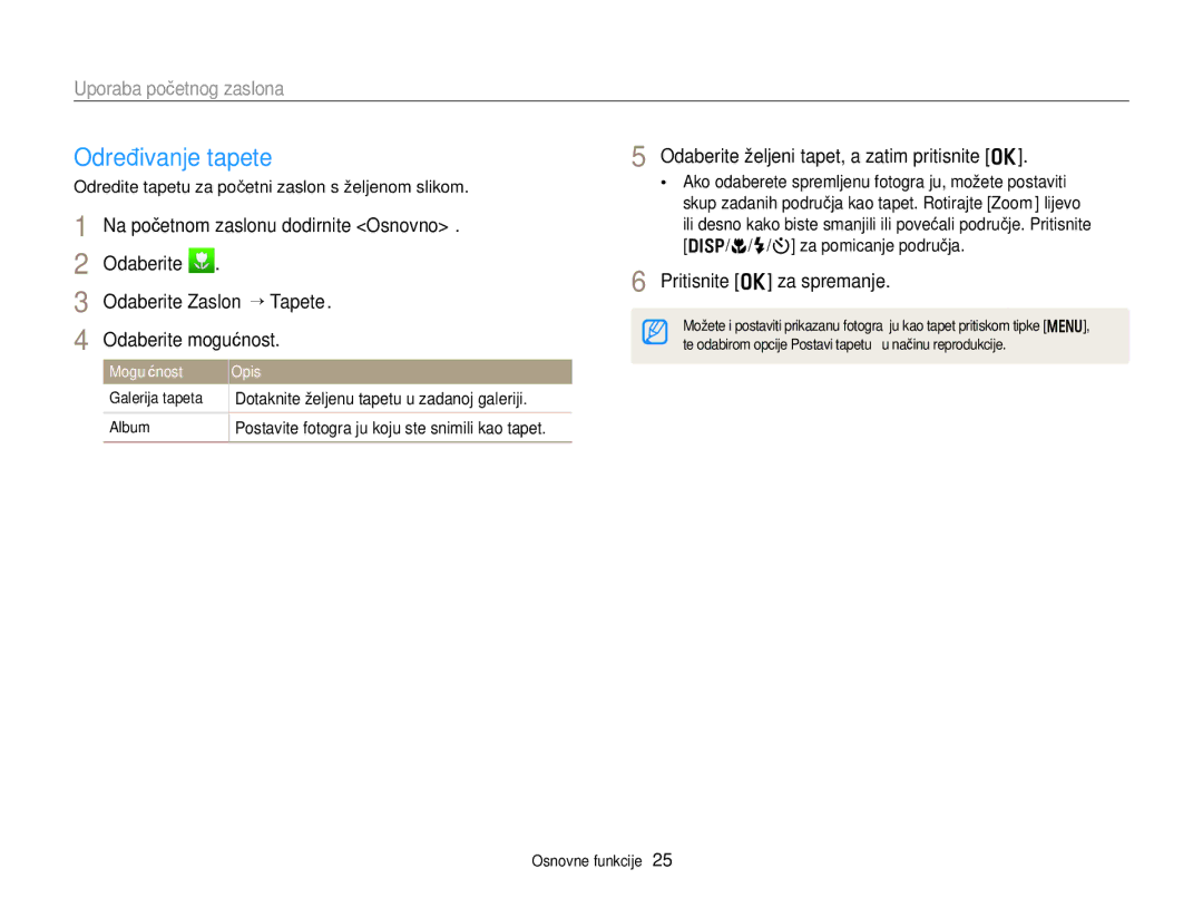 Samsung EC-DV300FBPSE3, EC-DV300FBPBE3, EC-DV300FBPRE3 manual Određivanje tapete, Odaberite Zaslon “ Tapete 