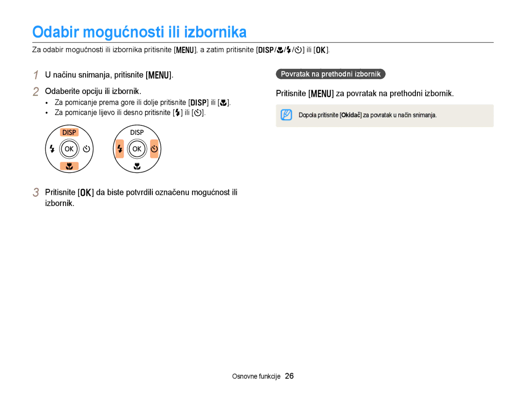 Samsung EC-DV300FBPBE3 manual Odabir mogućnosti ili izbornika, Načinu snimanja, pritisnite m Odaberite opciju ili izbornik 