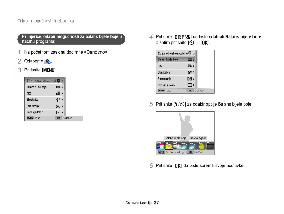 Samsung EC-DV300FBPRE3, EC-DV300FBPBE3 Odabir mogućnosti ili izbornika, Pritisnite F/t za odabir opcije Balans bijele boje 