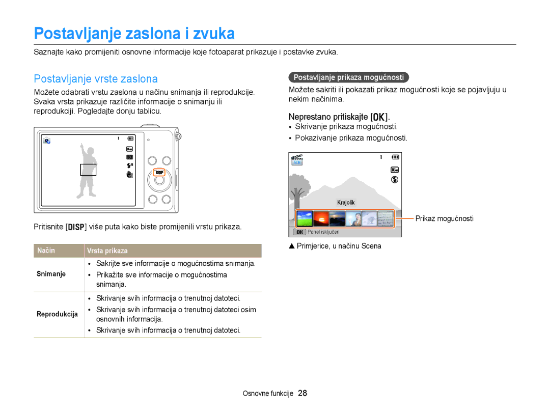 Samsung EC-DV300FBPSE3, EC-DV300FBPBE3 Postavljanje zaslona i zvuka, Postavljanje vrste zaslona, Neprestano pritiskajte o 