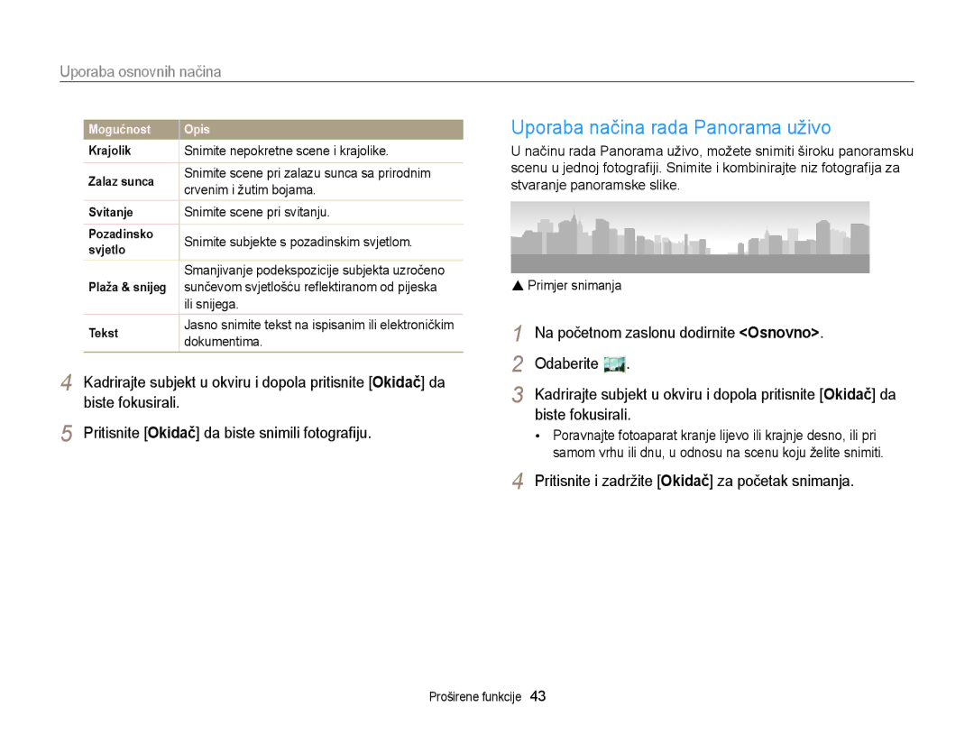 Samsung EC-DV300FBPSE3, EC-DV300FBPBE3, EC-DV300FBPRE3 manual Uporaba načina rada Panorama uživo, Biste fokusirali 