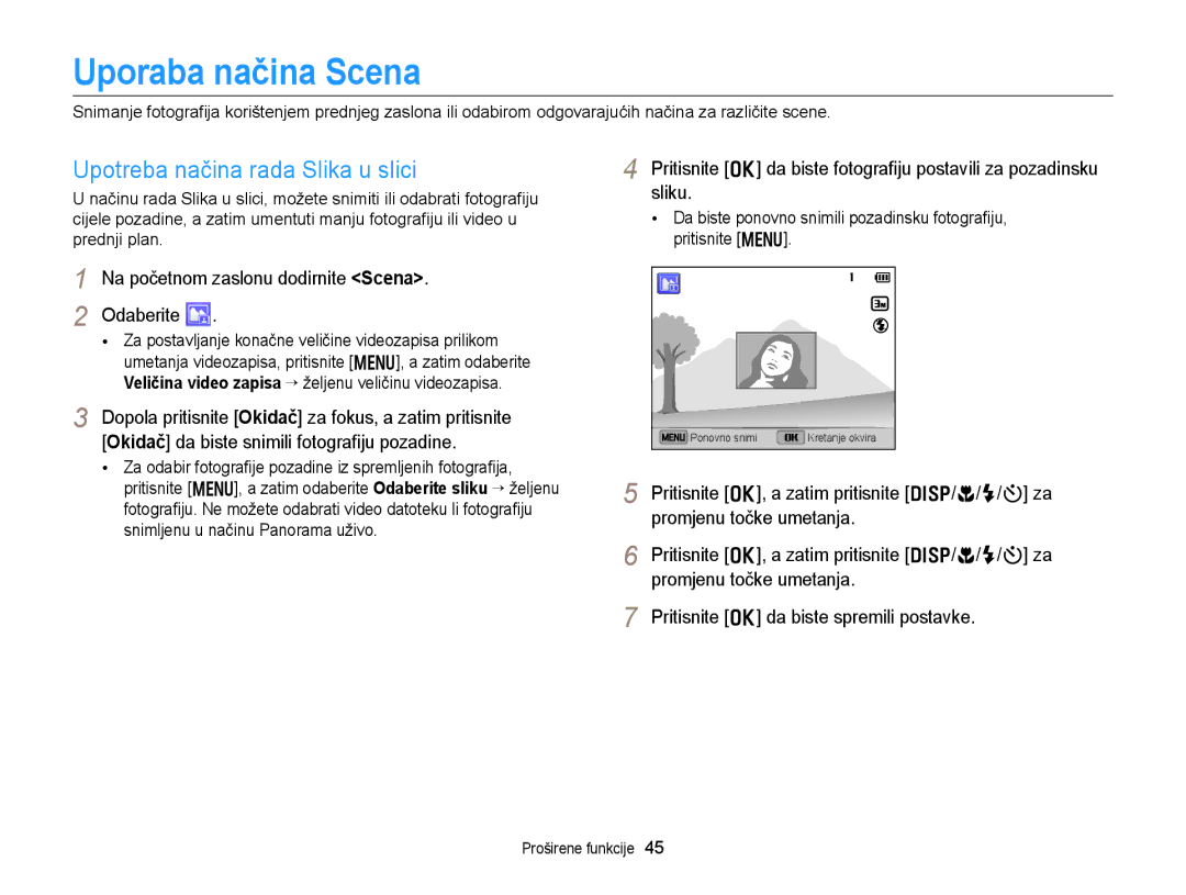 Samsung EC-DV300FBPRE3, EC-DV300FBPBE3, EC-DV300FBPSE3 manual Uporaba načina Scena, Upotreba načina rada Slika u slici 