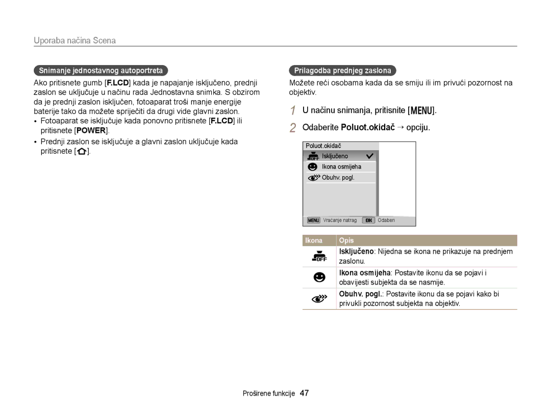 Samsung EC-DV300FBPBE3, EC-DV300FBPRE3, EC-DV300FBPSE3 manual Snimanje jednostavnog autoportreta, Prilagodba prednjeg zaslona 