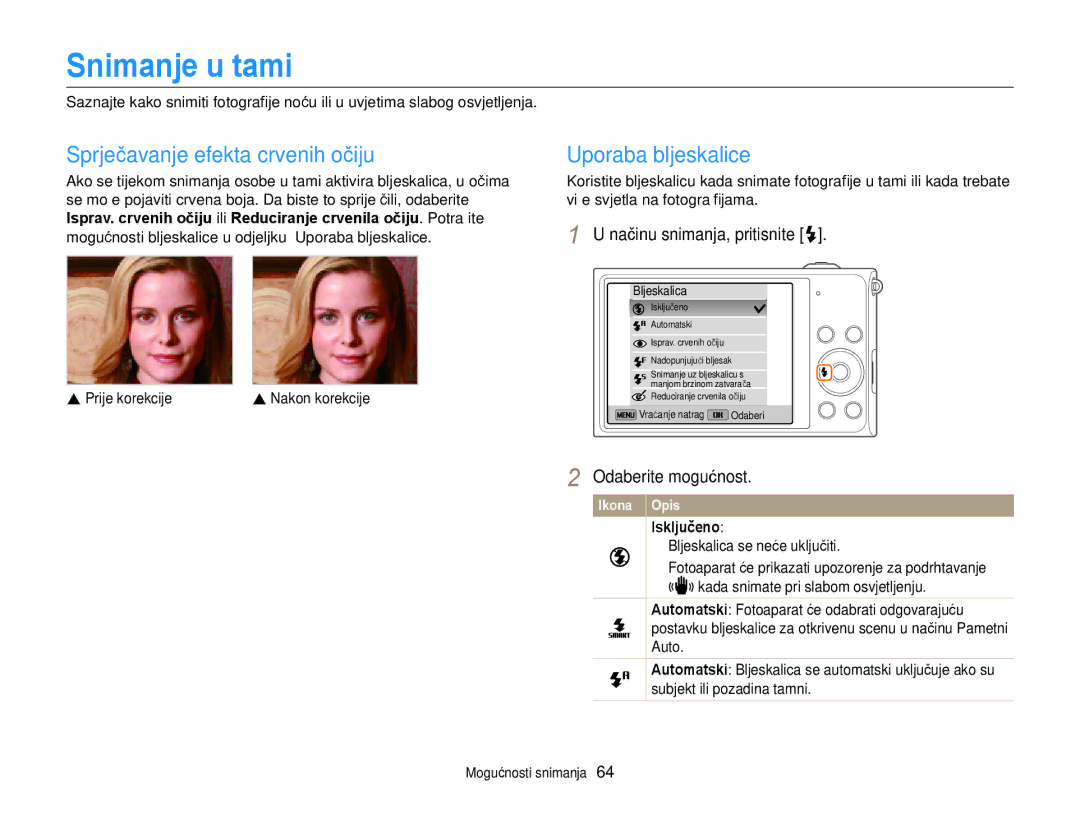 Samsung EC-DV300FBPSE3, EC-DV300FBPBE3 Snimanje u tami, Sprječavanje efekta crvenih očiju, Uporaba bljeskalice, Isključeno 