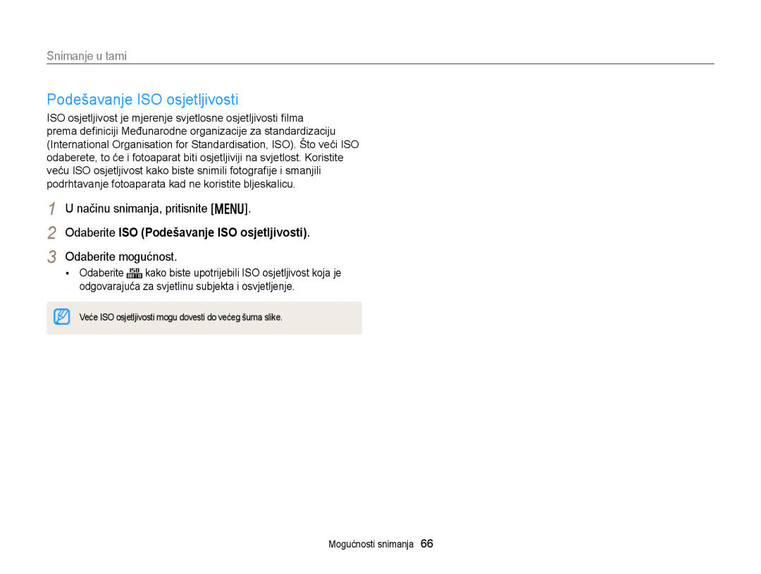 Samsung EC-DV300FBPRE3, EC-DV300FBPBE3, EC-DV300FBPSE3 manual Odaberite ISO Podešavanje ISO osjetljivosti 