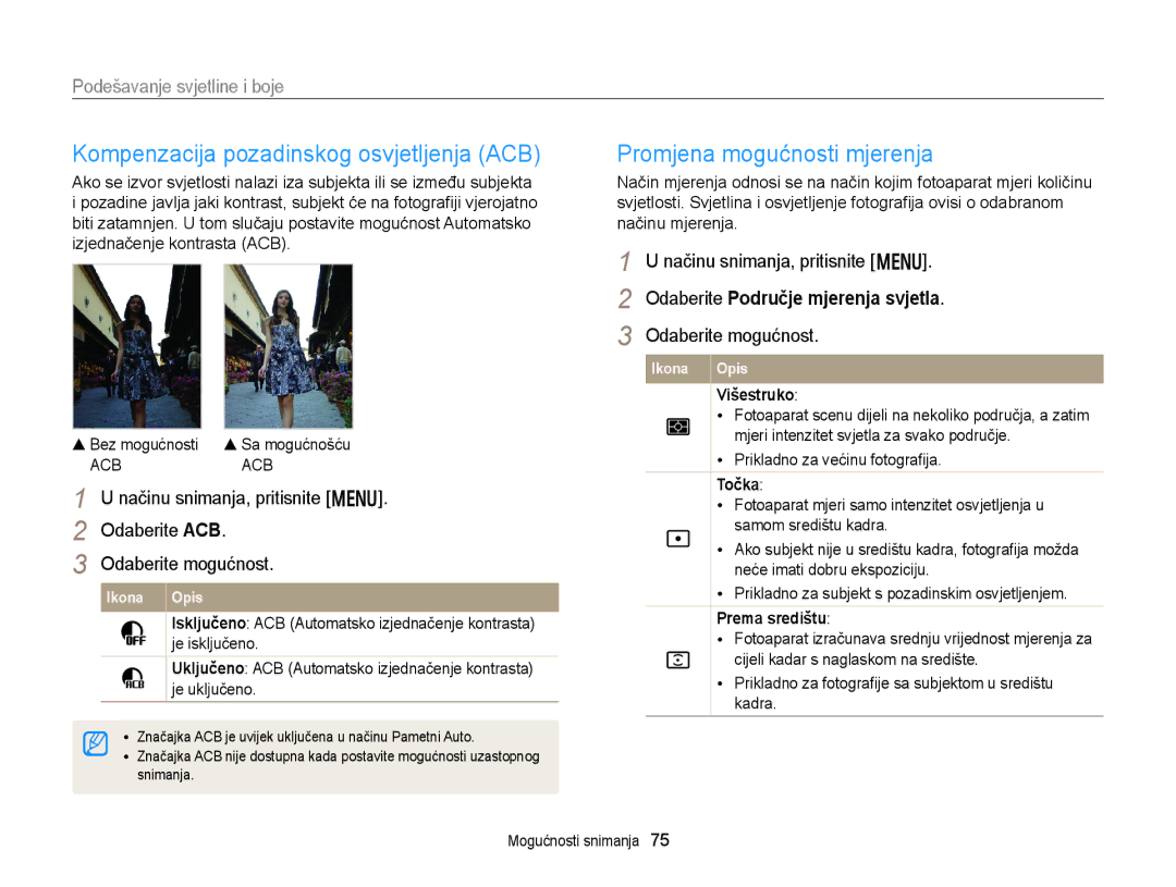 Samsung EC-DV300FBPRE3, EC-DV300FBPBE3 manual Kompenzacija pozadinskog osvjetljenja ACB, Promjena mogućnosti mjerenja 