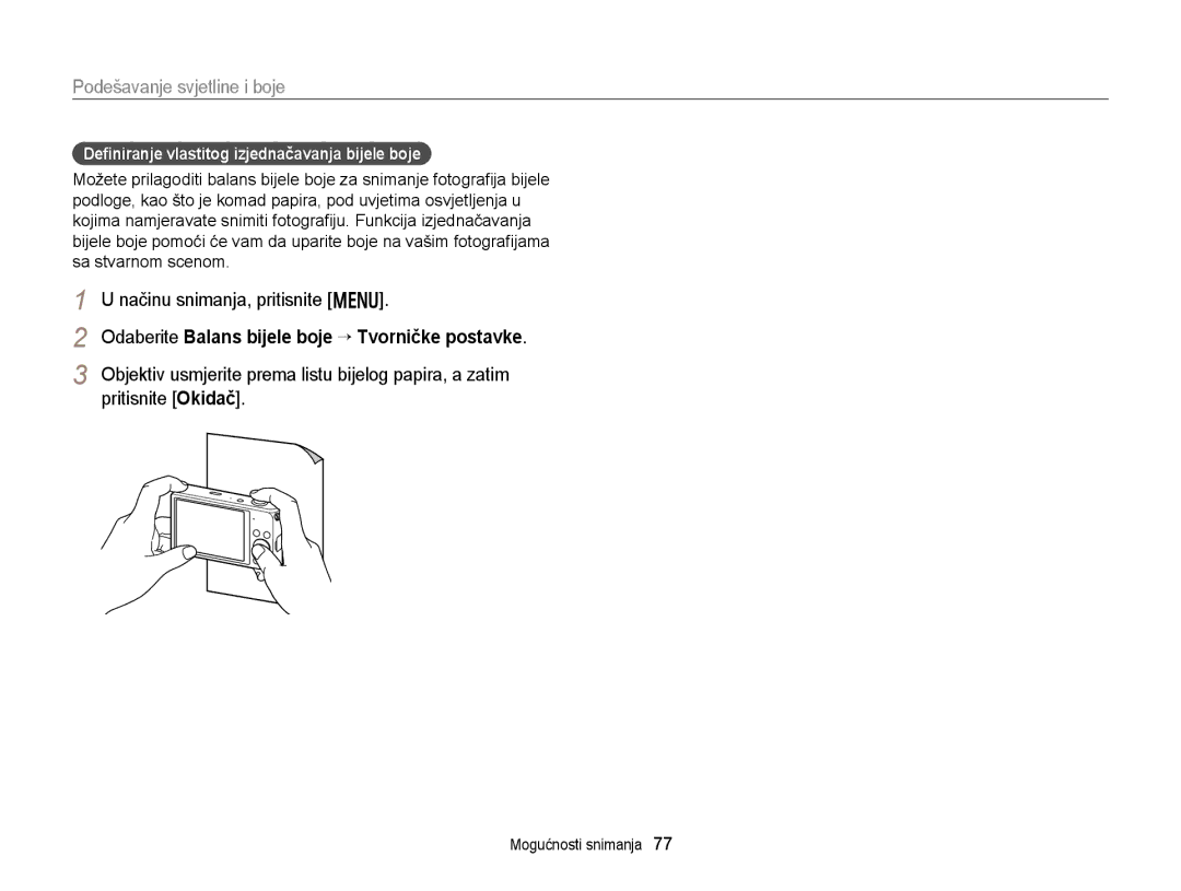 Samsung EC-DV300FBPBE3, EC-DV300FBPRE3, EC-DV300FBPSE3 manual Deﬁniranje vlastitog izjednačavanja bijele boje 