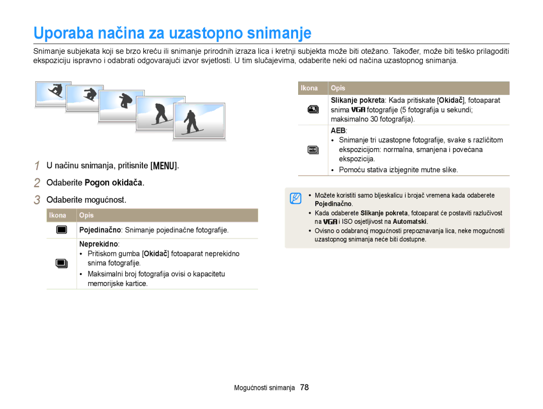 Samsung EC-DV300FBPRE3 manual Uporaba načina za uzastopno snimanje, Neprekidno, Ekspozicijom normalna, smanjena i povećana 