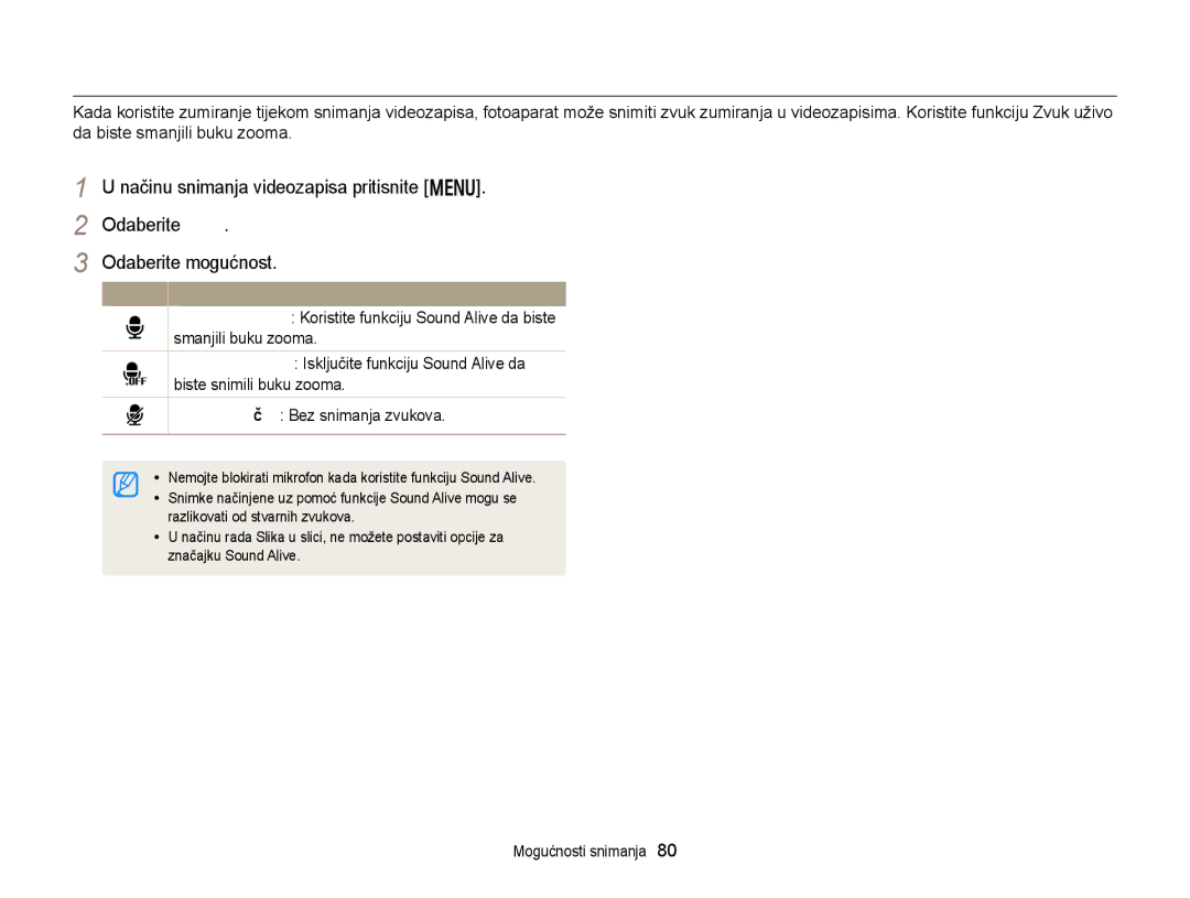 Samsung EC-DV300FBPBE3, EC-DV300FBPRE3, EC-DV300FBPSE3 manual Smanjivanje zvuka zooma 