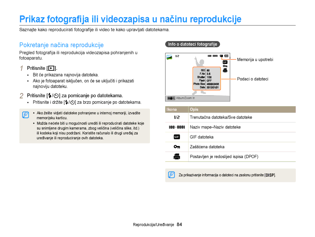 Samsung EC-DV300FBPRE3 manual Prikaz fotograﬁja ili videozapisa u načinu reprodukcije, Pokretanje načina reprodukcije 