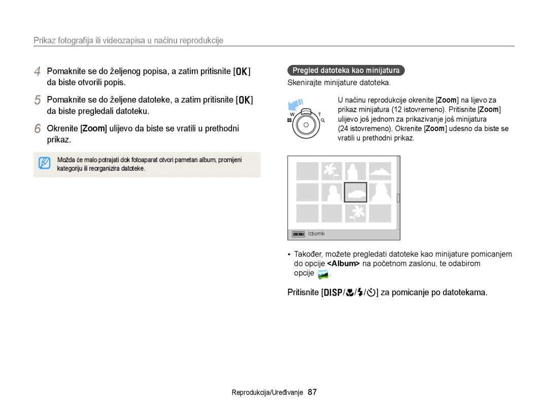 Samsung EC-DV300FBPRE3 Da biste otvorili popis, Da biste pregledali datoteku, Prikaz, Pregled datoteka kao minijatura 