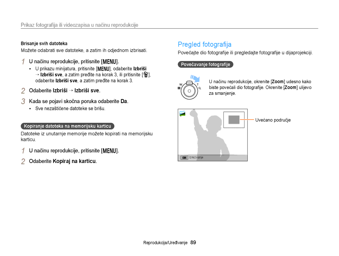 Samsung EC-DV300FBPBE3 manual Pregled fotograﬁja, Načinu reprodukcije, pritisnite m, Odaberite Izbriši “ Izbriši sve 