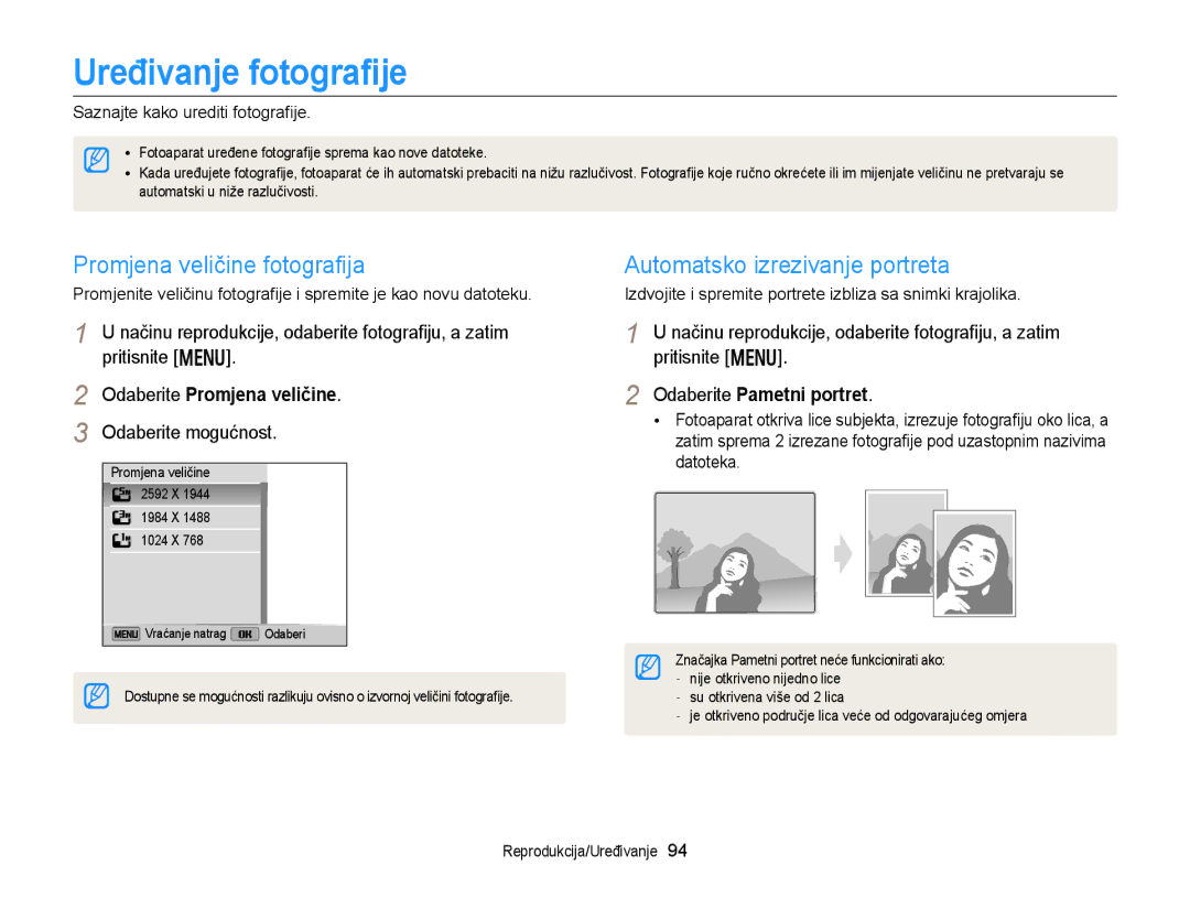 Samsung EC-DV300FBPSE3 manual Uređivanje fotograﬁje, Promjena veličine fotograﬁja, Automatsko izrezivanje portreta 