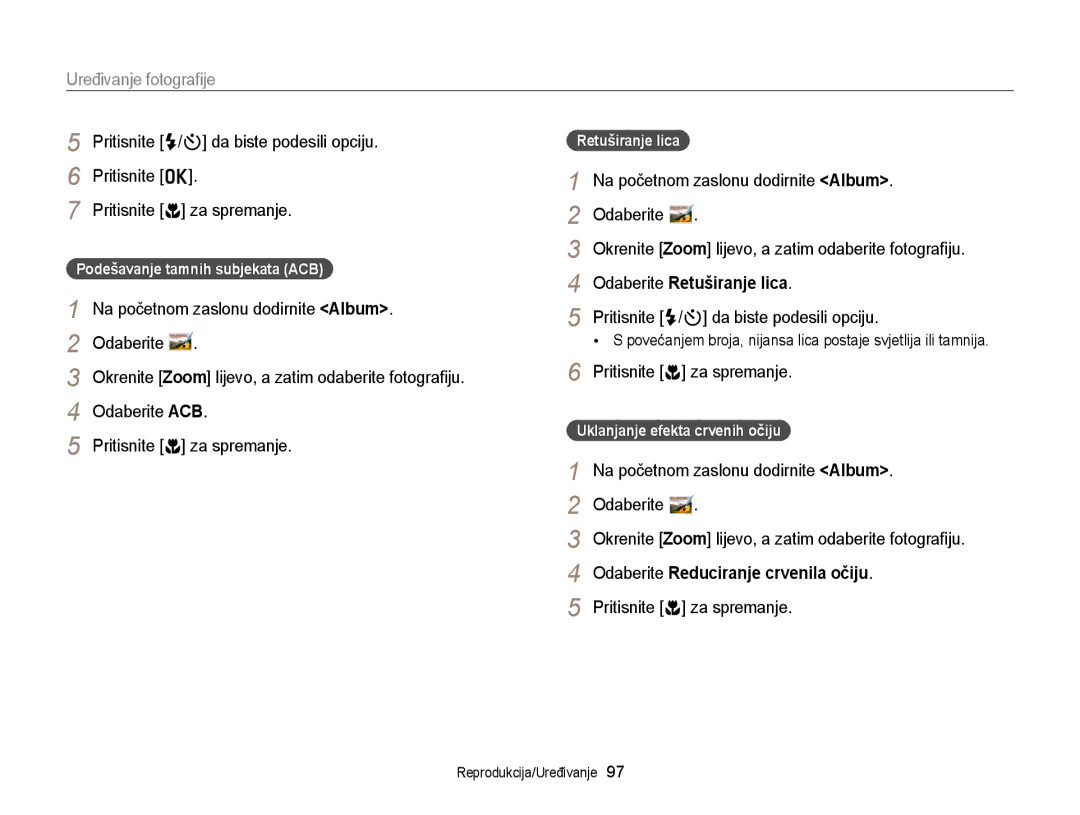 Samsung EC-DV300FBPSE3, EC-DV300FBPBE3 Pritisnite F/t da biste podesili opciju, Odaberite ACB, Odaberite Retuširanje lica 