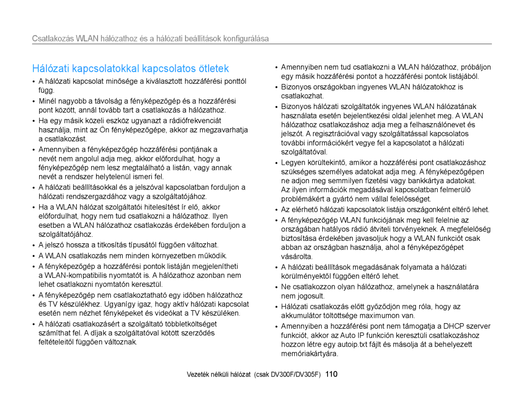 Samsung EC-DV300FBPBE2, EC-DV300FBPBE3, EC-DV300FBPRE3, EC-DV300FBPUE2 manual Hálózati kapcsolatokkal kapcsolatos ötletek 