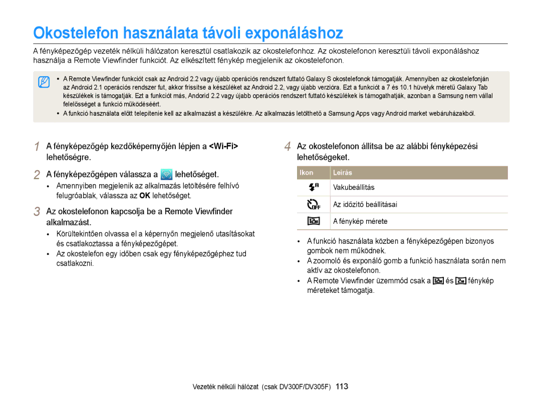 Samsung EC-DV300FBPUE2 Okostelefon használata távoli exponáláshoz, Vakubeállítás, Az időzítő beállításai, Fénykép mérete 