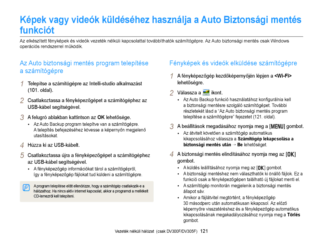 Samsung EC-DV300FBPUE2, EC-DV300FBPBE3, EC-DV300FBPRE3 manual Az Auto biztonsági mentés program telepítése a számítógépre 