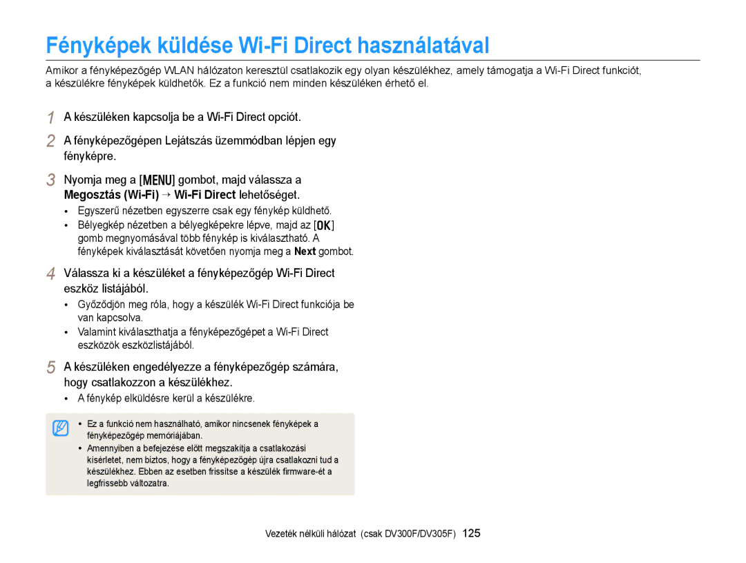 Samsung EC-DV300FBPUE2 manual Fényképek küldése Wi-Fi Direct használatával, Megosztás Wi-Fi “ Wi-Fi Direct lehetőséget 