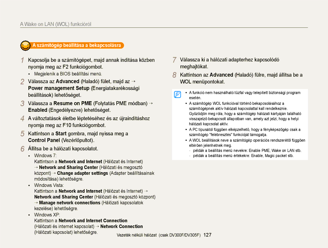Samsung EC-DV300FBPBE3, EC-DV300FBPRE3 manual Wake on LAN WOL funkcióról, Power management Setup Energiatakarékossági 