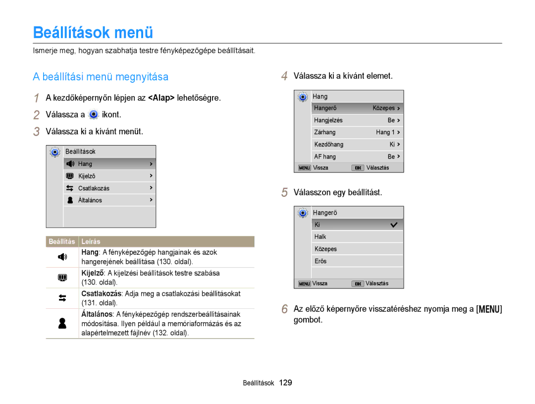 Samsung EC-DV300FBPUE2 manual Beállítások menü, Beállítási menü megnyitása, Válassza a Ikont Válassza ki a kívánt menüt 