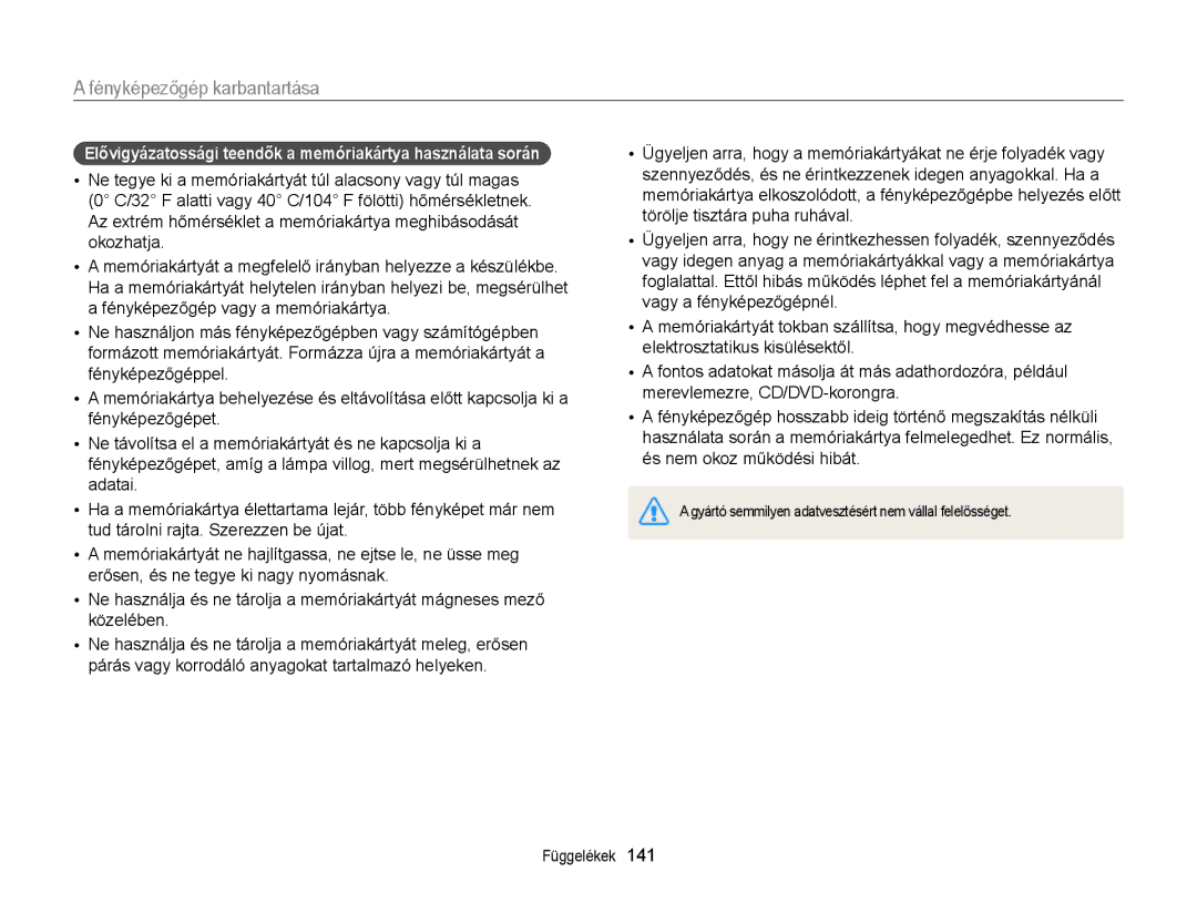 Samsung EC-DV300FBPUE2, EC-DV300FBPBE3, EC-DV300FBPRE3 manual Elővigyázatossági teendők a memóriakártya használata során 