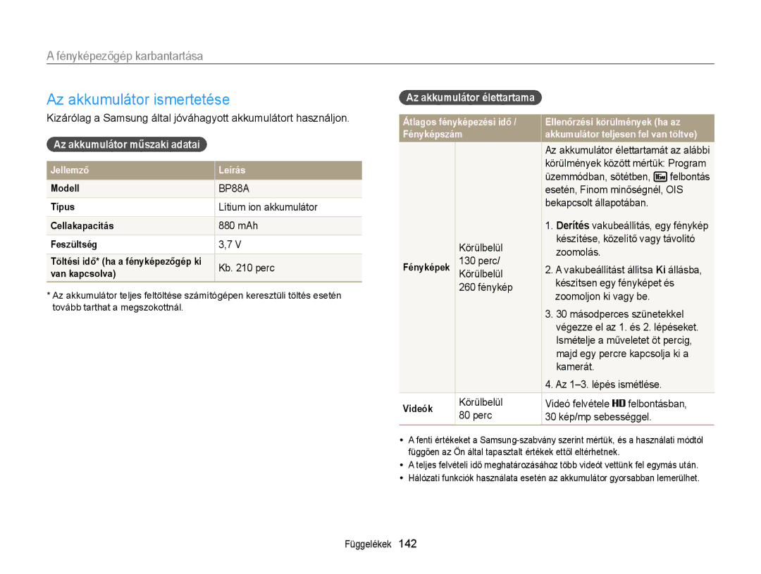 Samsung EC-DV300FBPBE2 manual Az akkumulátor ismertetése, Az akkumulátor műszaki adatai, Az akkumulátor élettartama 