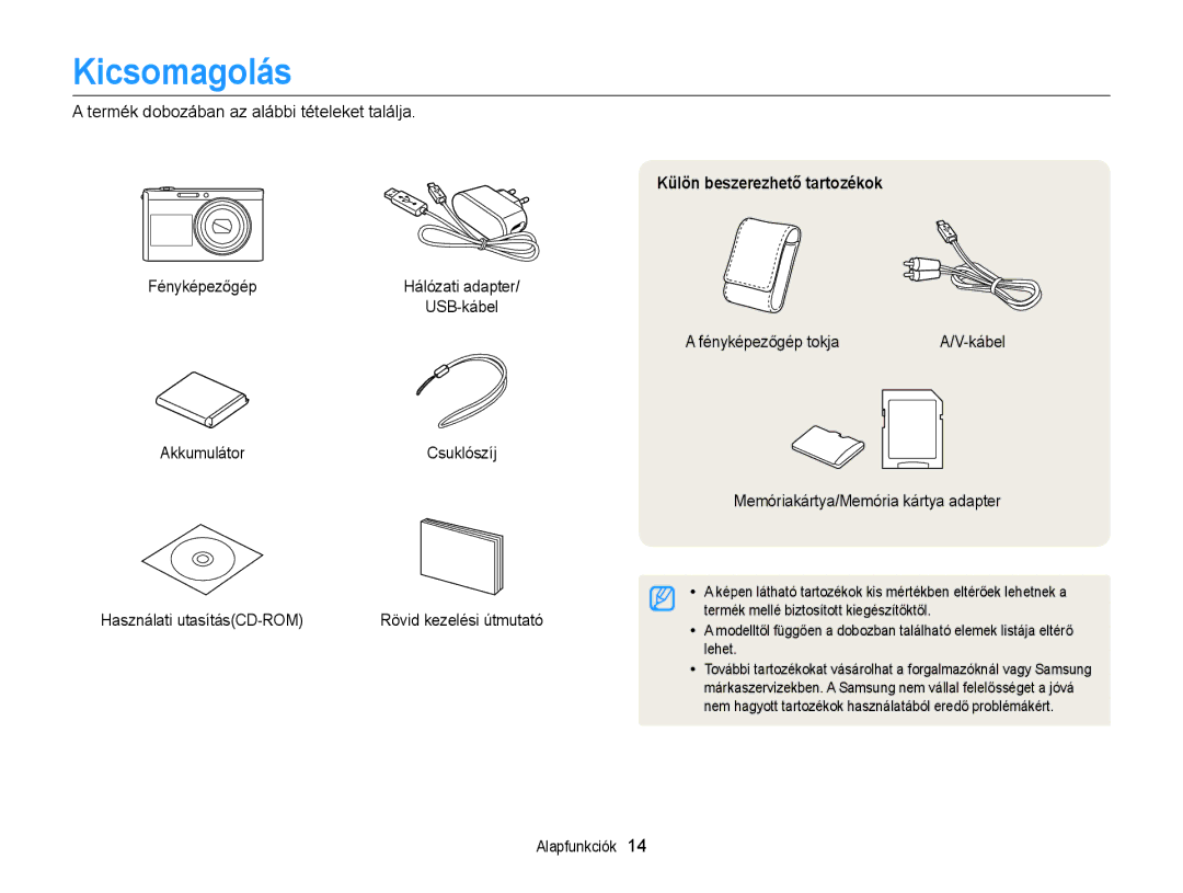 Samsung EC-DV300FBPBE2, EC-DV300FBPBE3, EC-DV300FBPRE3, EC-DV300FBPUE2 manual Kicsomagolás, Külön beszerezhető tartozékok 