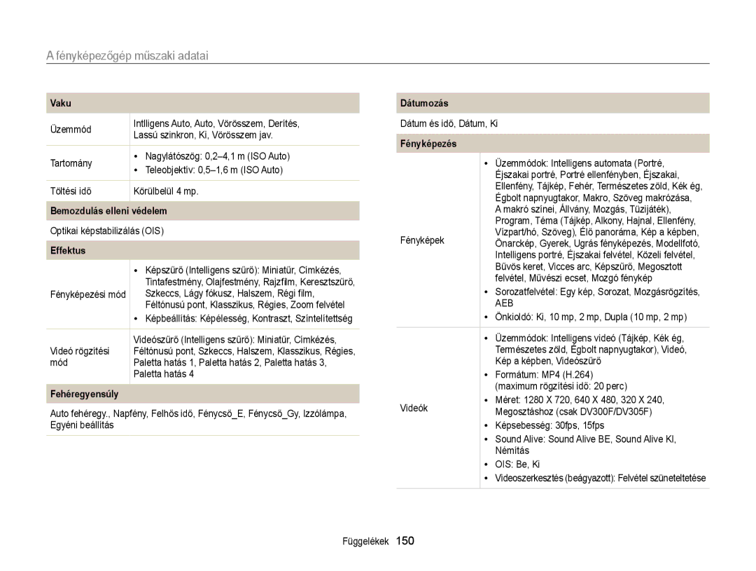 Samsung EC-DV300FBPBE2, EC-DV300FBPBE3, EC-DV300FBPRE3, EC-DV300FBPUE2 manual Fényképezőgép műszaki adatai, Aeb 