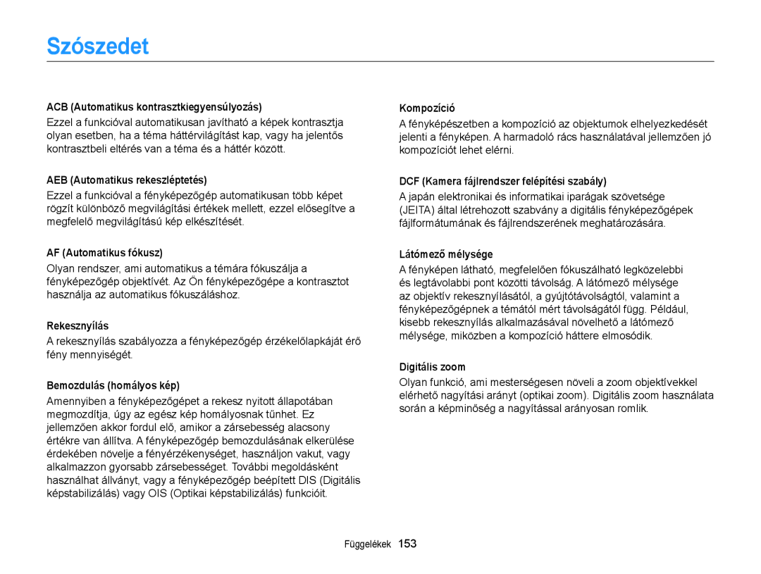 Samsung EC-DV300FBPUE2, EC-DV300FBPBE3, EC-DV300FBPRE3, EC-DV300FBPBE2 manual Szószedet 